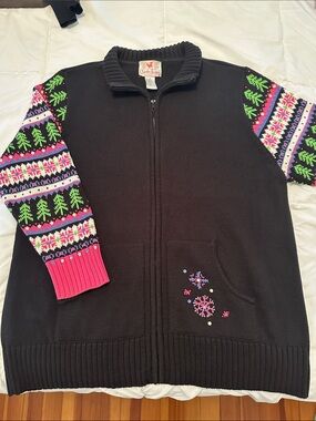 Quacker Factory sweater long sleeve zip up Black pink Nordic Snowflakes🌲❄️☃️(R)
